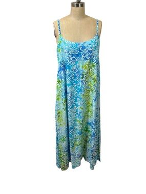 BLUE GINGER Blue Green Floral Maxi Dress with Spaghetti Straps size Medium rayon